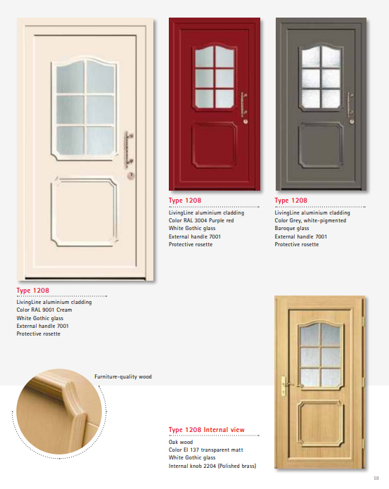 Type 1208 LivingLine – Baroque Glass White Gothic Aluminium Wood Door, Cream, Purple Red, or Grey Pigment, Oak Interior, Furniture-Grade Construction, Polished Brass Handle, Secure